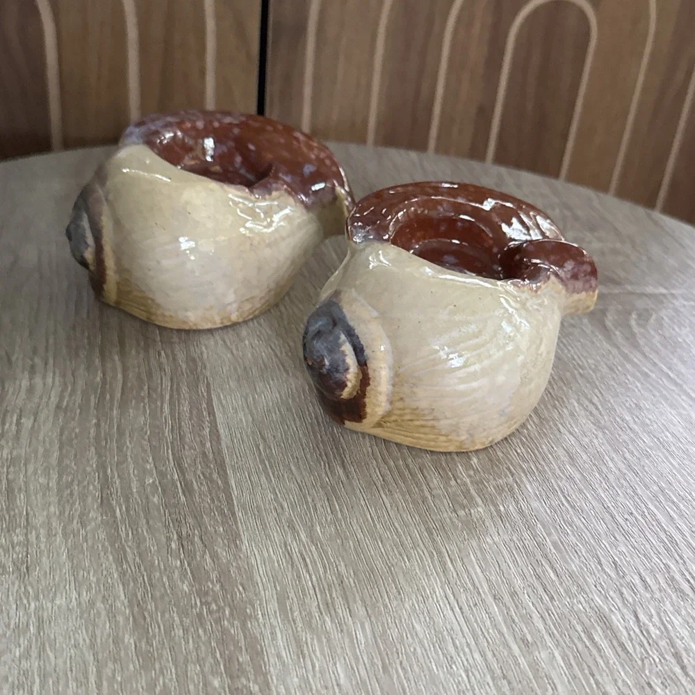 Two Vintage Glazed Pottery Seashell Conch Tealight Candle Holders MCM